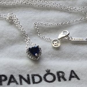 Pandora Silver Necklace with Dark Blue Heart Pendant